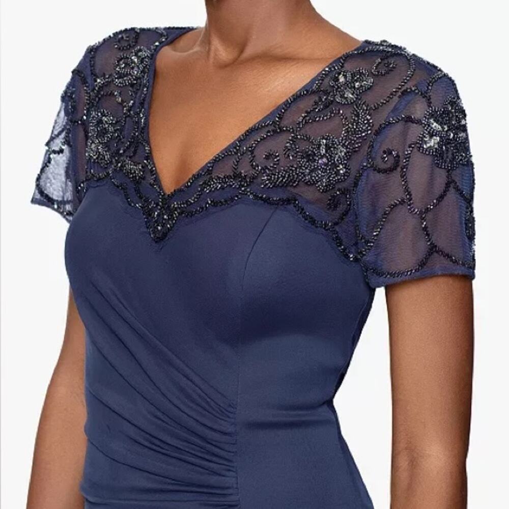 XSCAPE Beaded Illusion-Trim Side-Ruched Gown Charcoal Women’s NWT - Picture 4 of 14